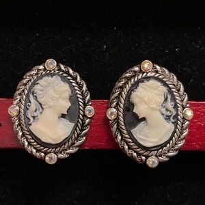 Silvertone Cameo Clip Earrings with Aurora Borealis Rhinestones